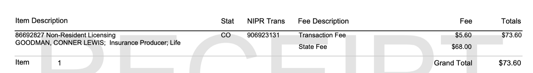 Colorado license document for Conner Goodman