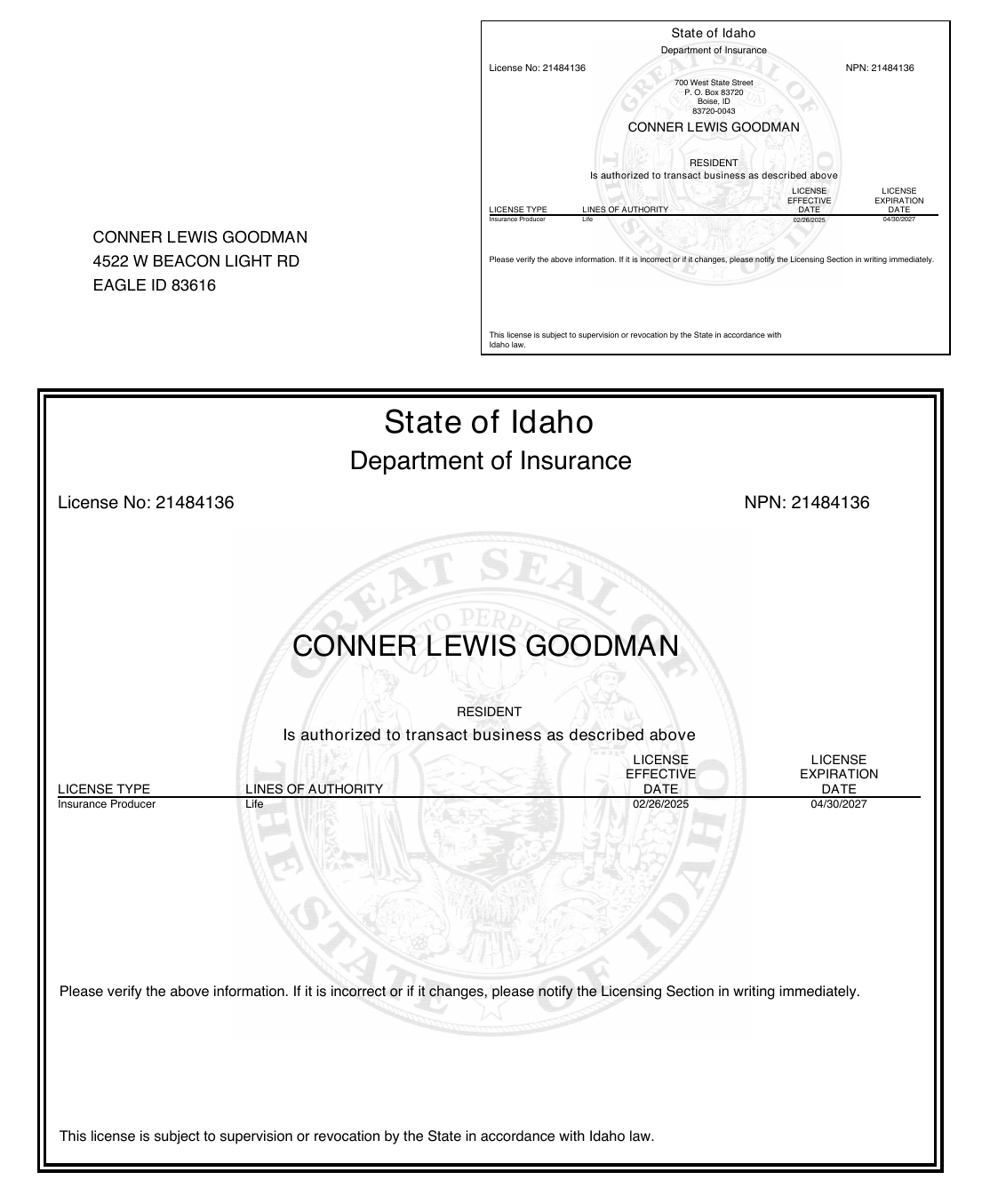 Idaho license document for Conner Goodman