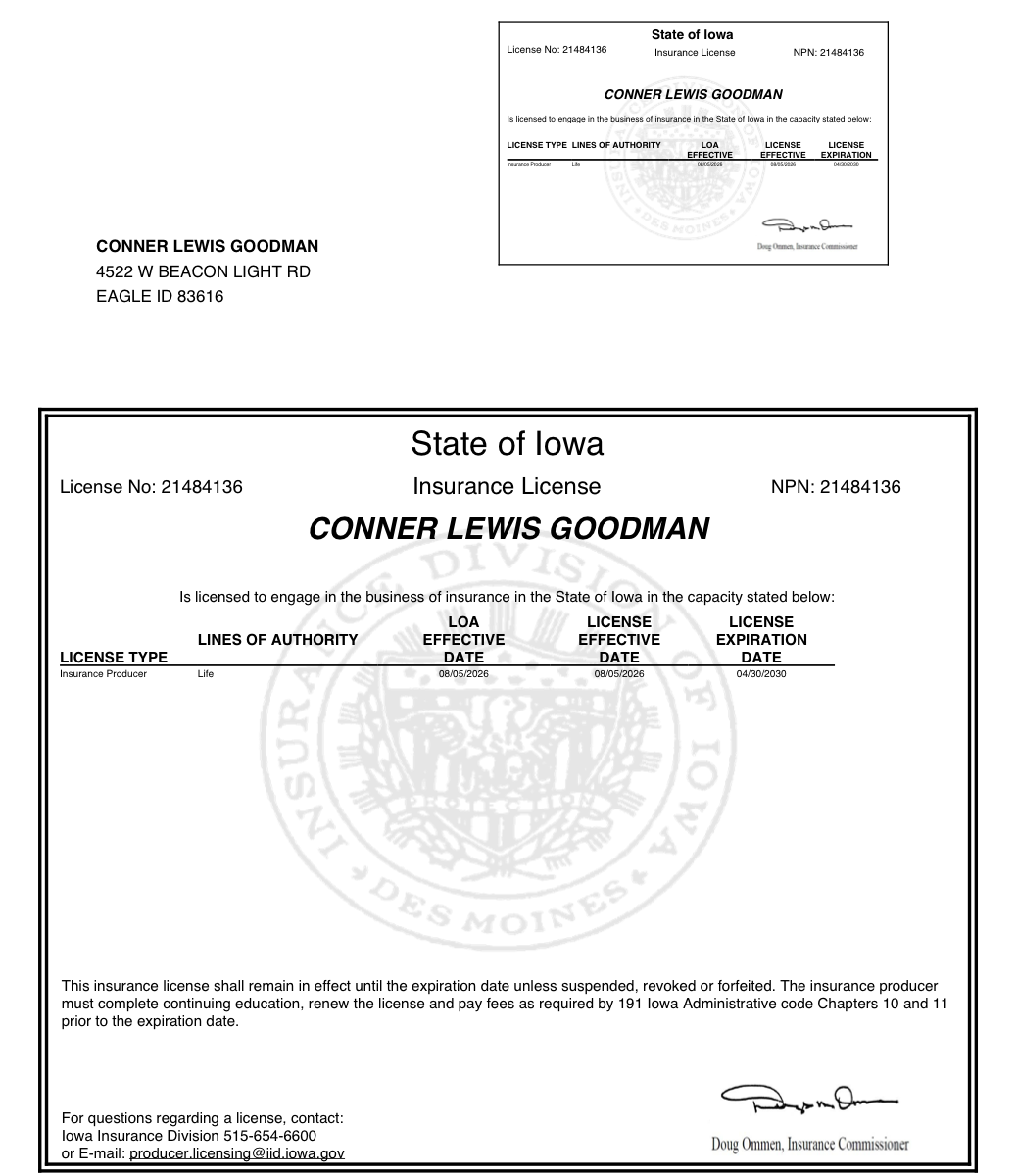 Iowa license document for Conner Goodman