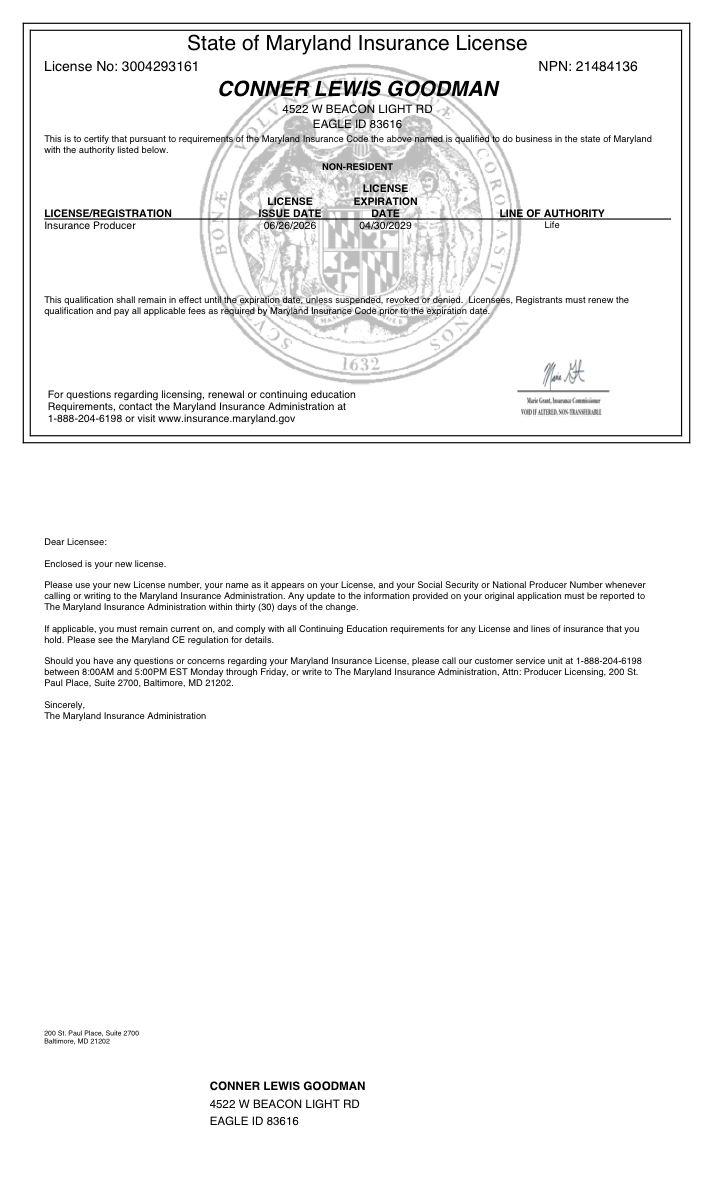 Maryland license document for Conner Goodman