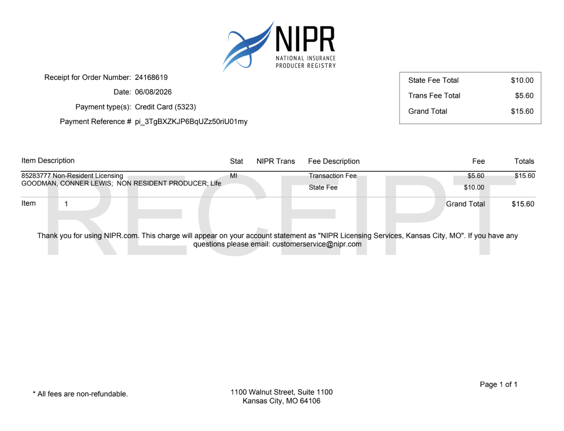Michigan license document for Conner Goodman