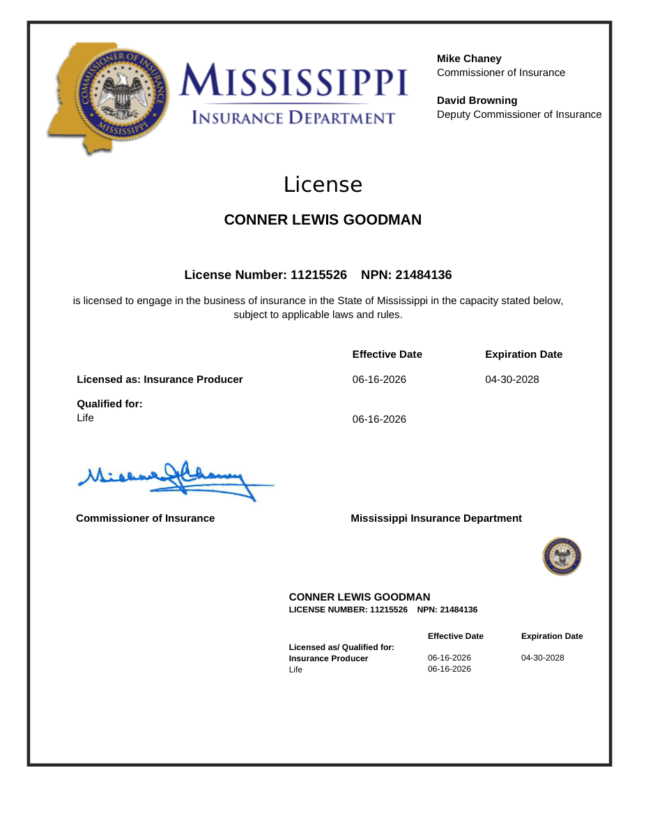 Mississippi license document for Conner Goodman