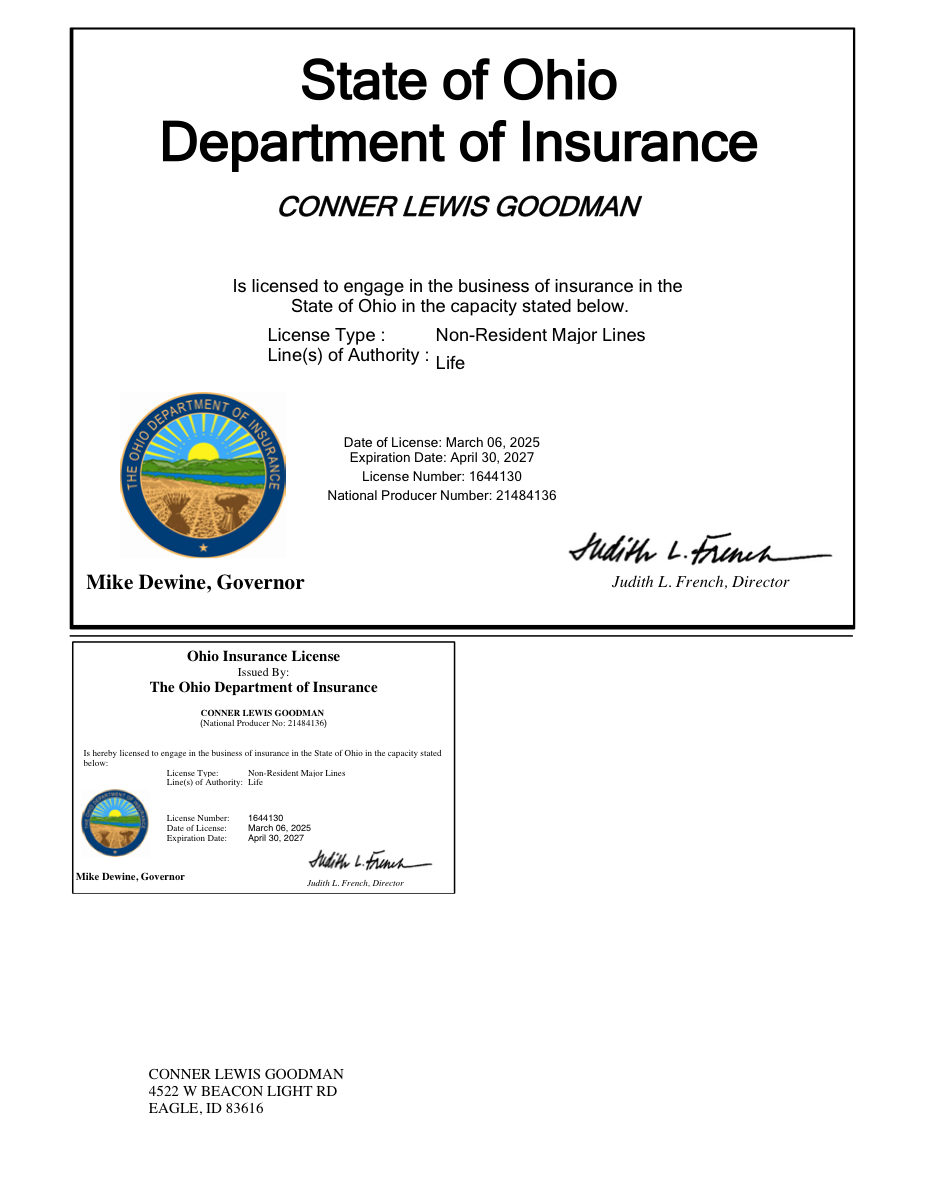 Ohio license document for Conner Goodman