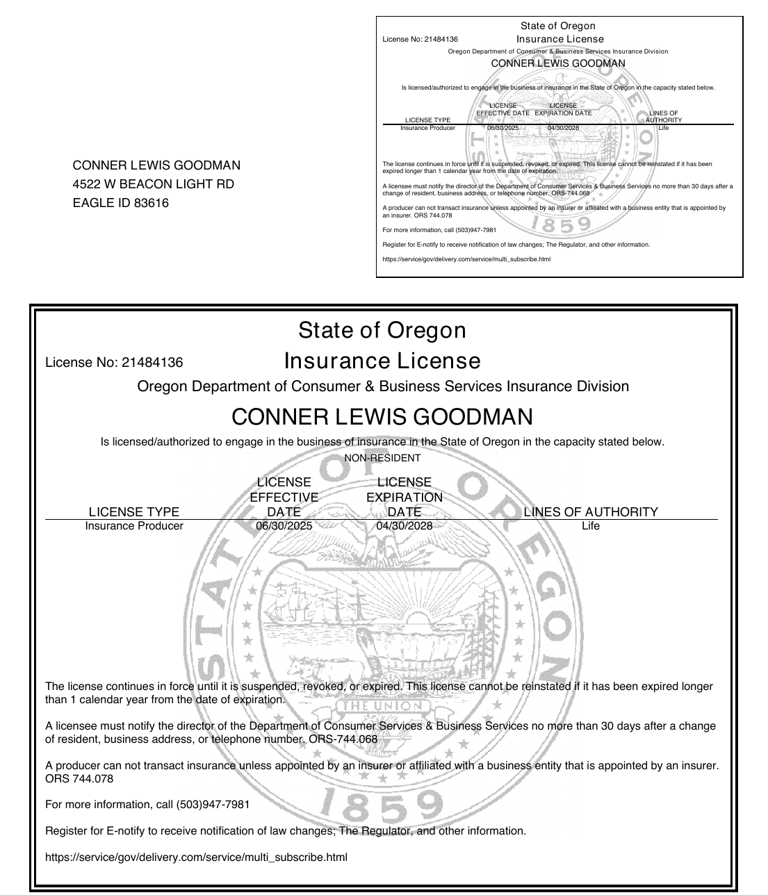 Oregon license document for Conner Goodman