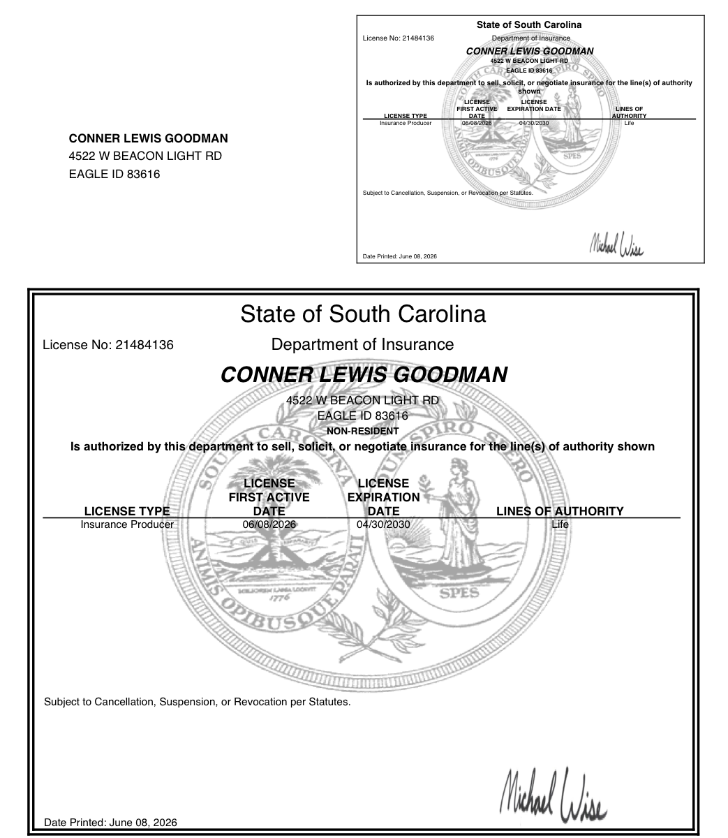 South Carolina license document for Conner Goodman