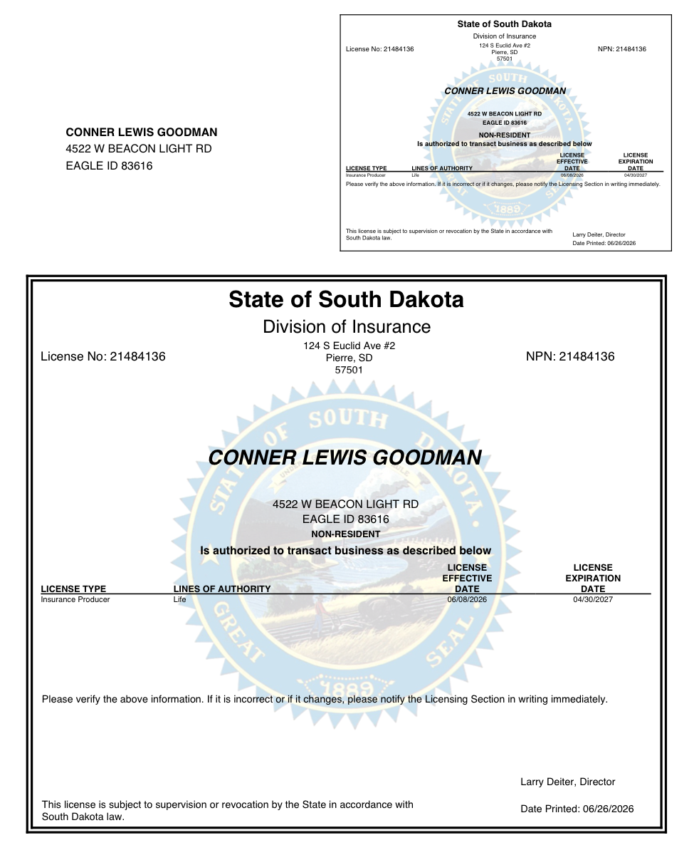 South Dakota license document for Conner Goodman