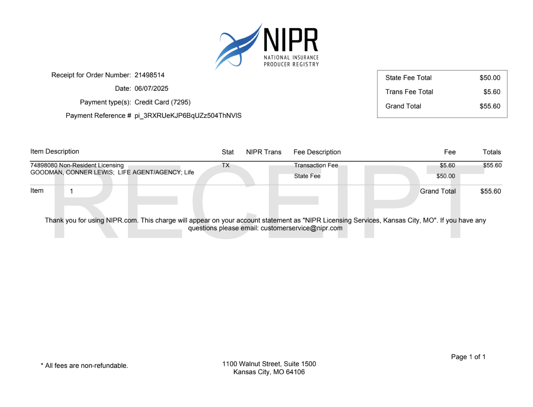 Texas license document for Conner Goodman