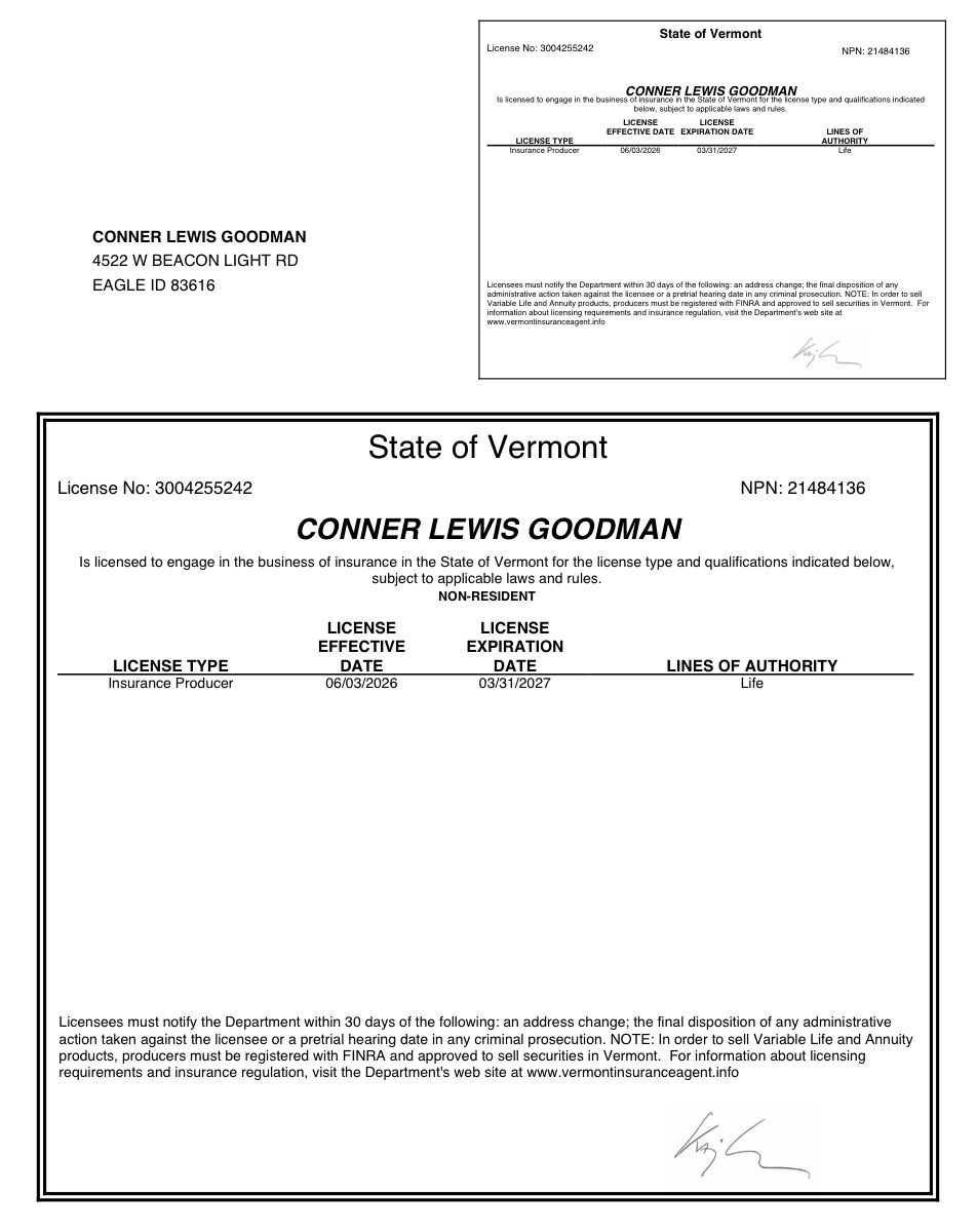 Vermont license document for Conner Goodman