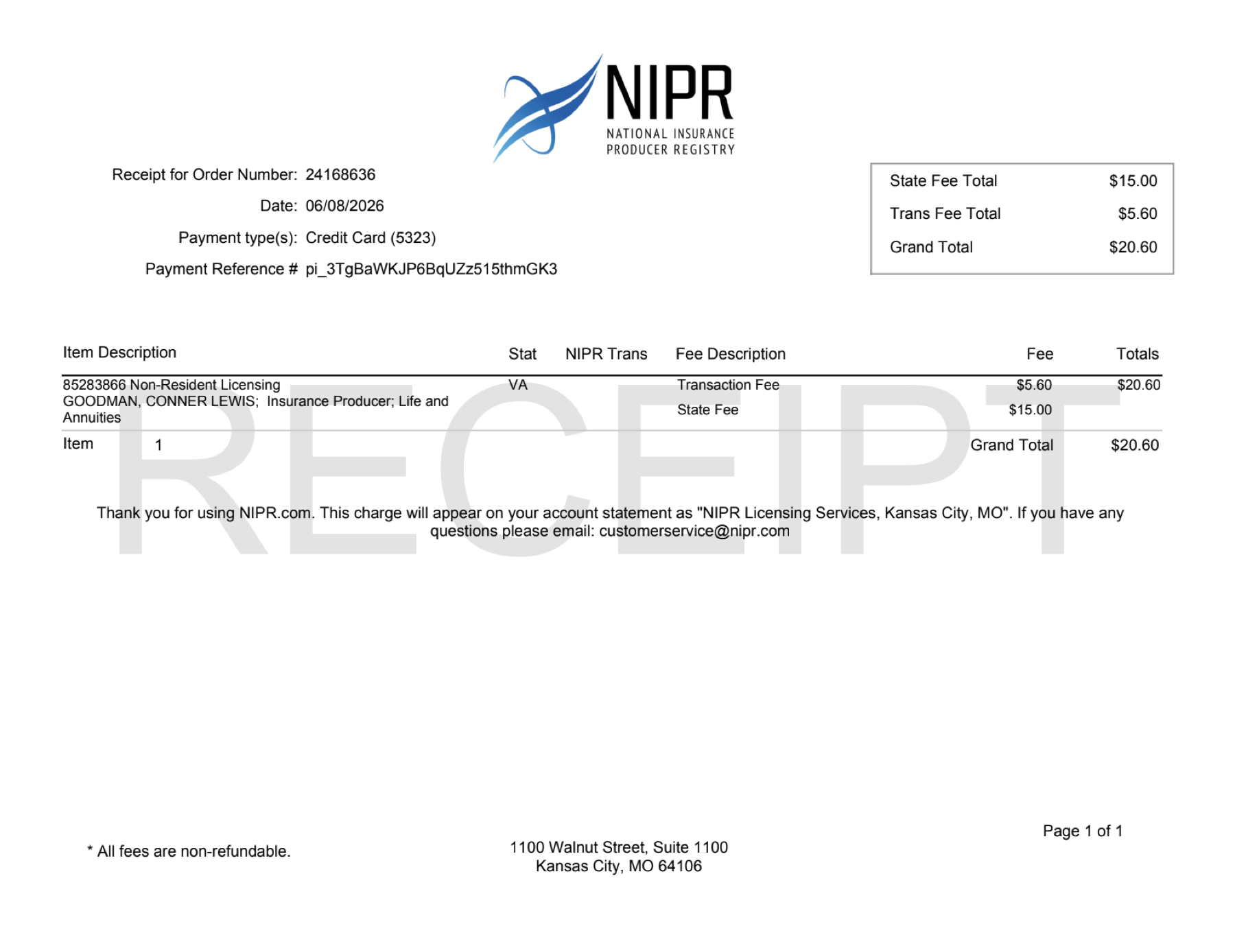 Virginia license document for Conner Goodman