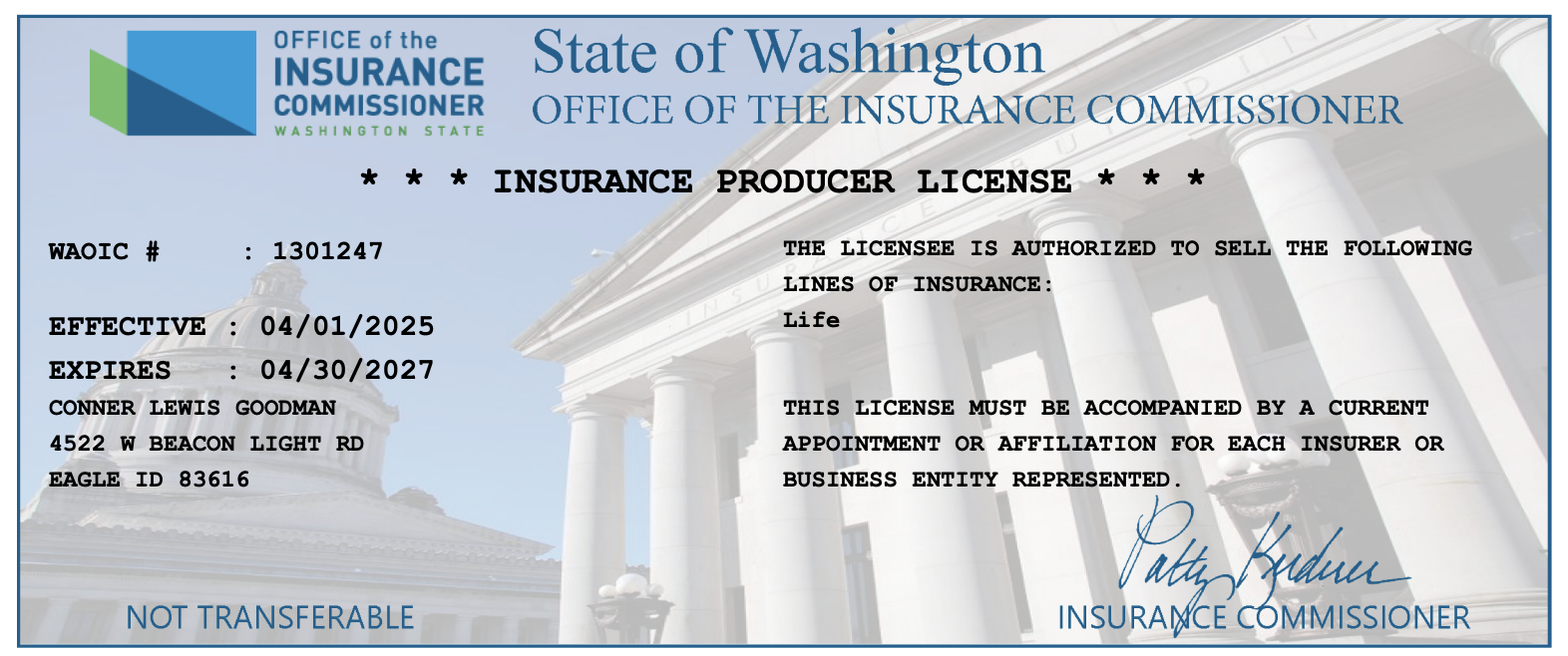 Washington license document for Conner Goodman